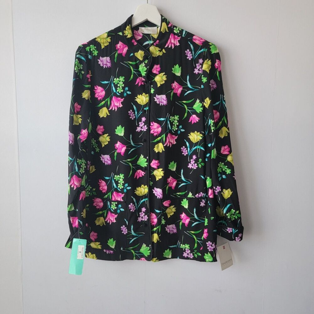 Dana Buchman women's 100% Silk Blouse size‎ 10P Floral chinese button knot